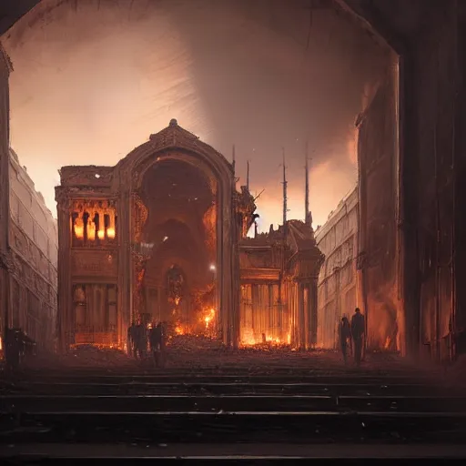 Prompt: portrait of a pipe organ facade surrounded by smoke, battle damage, sunset glow around the top, full portrait, intricate, dark, highly detailed, digital painting, artstation, concept art, smooth, sharp focus, illustration, art by greg rutkowski and caravaggio, background is a city in ruins, no people