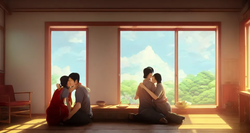 Prompt: wide shot of asian couple hugging at each other, sitting in rural living room, group of mechanical fans placing around the room, day light, colorful mood, high details, octane render, 8 k, digital illustration by kyuyong eom, realistic painting by aivazovsky. thick linings, manga