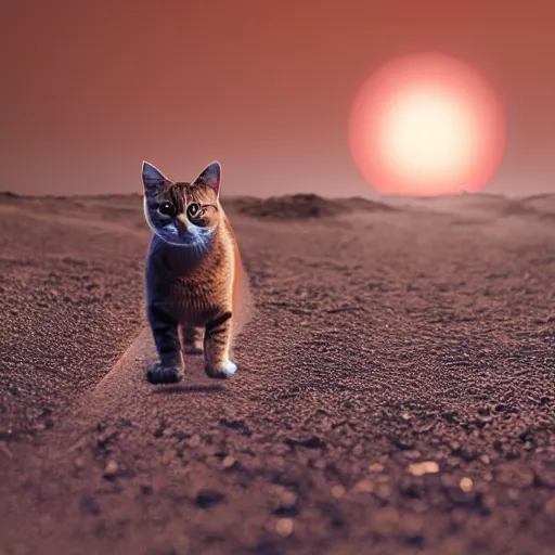 Image similar to cat wearing a spacesuit while walking on martian sunset