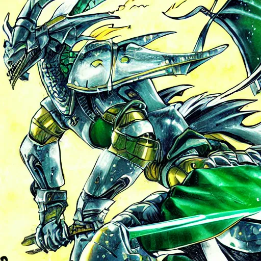 Image similar to knight in green car, blue armor, gold sword, dragon attack, low angle, action, manga panel, Murata