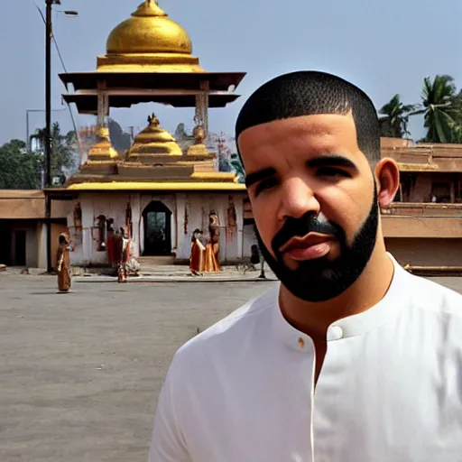 Prompt: drake, hindu temple in background, wearing a kurta, photograph