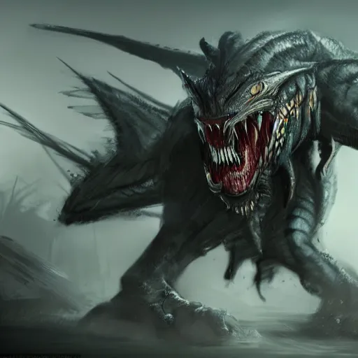 Image similar to the fearsome predator with its full body concept art, high quality, atmospheric lighting and superb mood