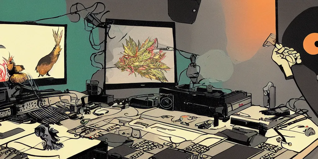 Prompt: 'black chicken'!!! smoking 'cannabis'!!!!!! in front of 'audio console'!!!! and 'multi monitors'!!!!!! in a hi-tech tv broadcasting studio, artwork by James Gilleard and Studio Ghibli