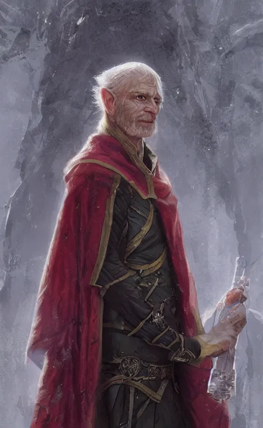 Image similar to Portrait of an elf in his 50s wearing a wizards robes, male, detailed face, fantasy, highly detailed, cinematic lighting, digital art painting by greg rutkowski