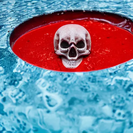 Prompt: skull in a pool of blood with blood splatter on the skull