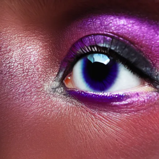 Prompt: close up photo of beautiful purple eye. 8k.