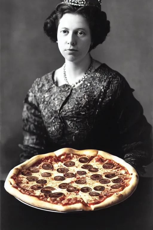 Image similar to historical photo of queen margherita ( savoy ) eating!!! a pizza! margherita, full body, portrait photo, diffuse light, acclaimed masterpiece