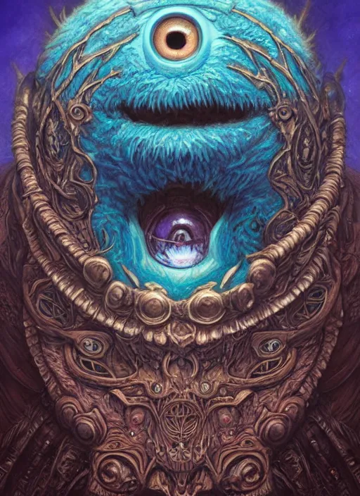 Image similar to cookie monster glowing eyes, shamanic poster lsd art, intricate, elegant, highly detailed, centered, digital painting, artstation, concept art, smooth, sharp focus, illustration, artgerm, tomasz alen kopera, peter mohrbacher, donato giancola, joseph christian leyendecker, wlop, frank frazetta