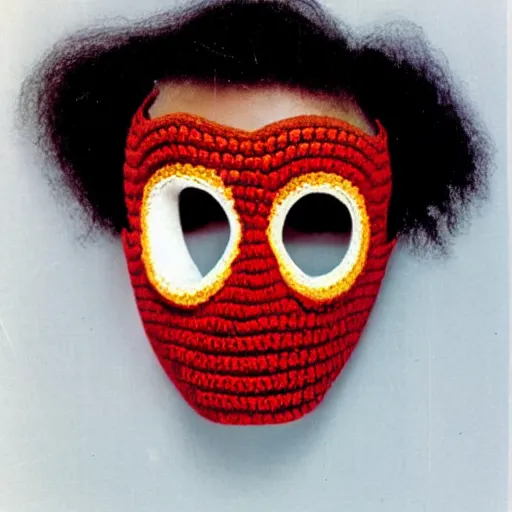 Image similar to multicolored crocheted halloween mask, 1 9 8 0 s catalogue photo