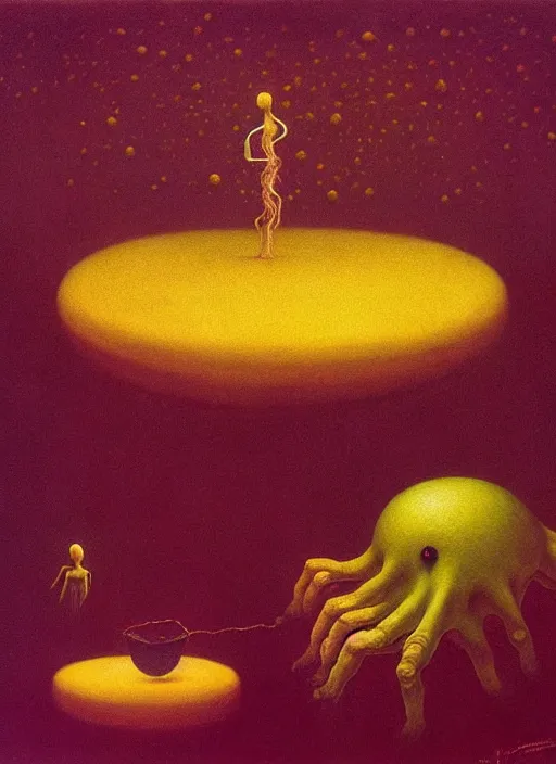 Image similar to She Eats Joyfully of the Suffocating Yellowcake Fruit and Her spiderlike gossamer glistening polyp blossoms bring iridescent fungal flowers whose spores black the foolish glaring stars Edward Hopper and James Gilleard, Zdzislaw Beksinski, Mark Ryden, Wolfgang Lettl highly detailed