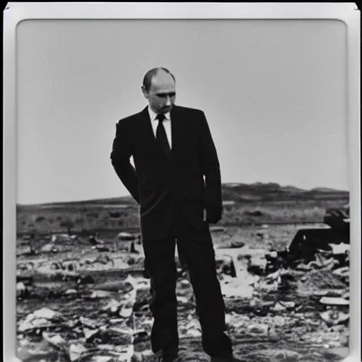 Prompt: Vladimir putin looking at an atomic bomb explosion. polaroid. bleak.