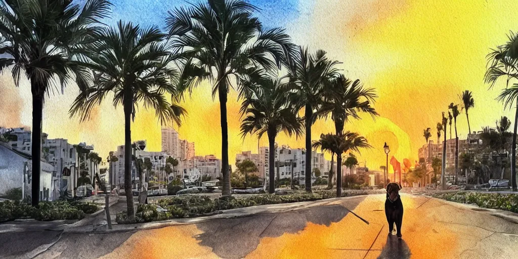 Image similar to golden retriever dog walking in tel aviv street looking at the camera. palm trees. realistic. sunset. high quality. digital art. watercolor. highly detailed. drawing. art. colorful. fluffy