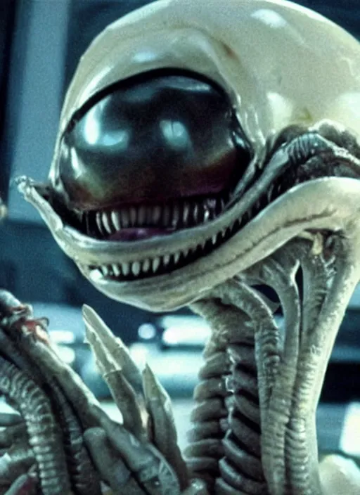 Image similar to movie still of kim kardashian with a alien facehugger face, in the movie alien. cinematic full shot.