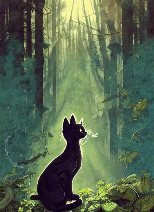 Image similar to a hyper realistic ink cat alien technology and sunbeams blue sky, lush forest foliage painting by chiara bautista and norman rockwell and greg rutkowski weta studio, and lucasfilm