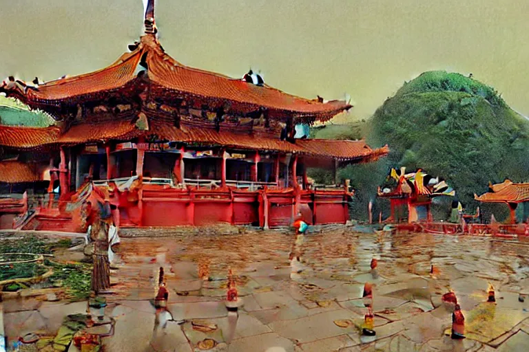 Prompt: asian temple, painting by jean giraud, greg rutkowski, carl larsson