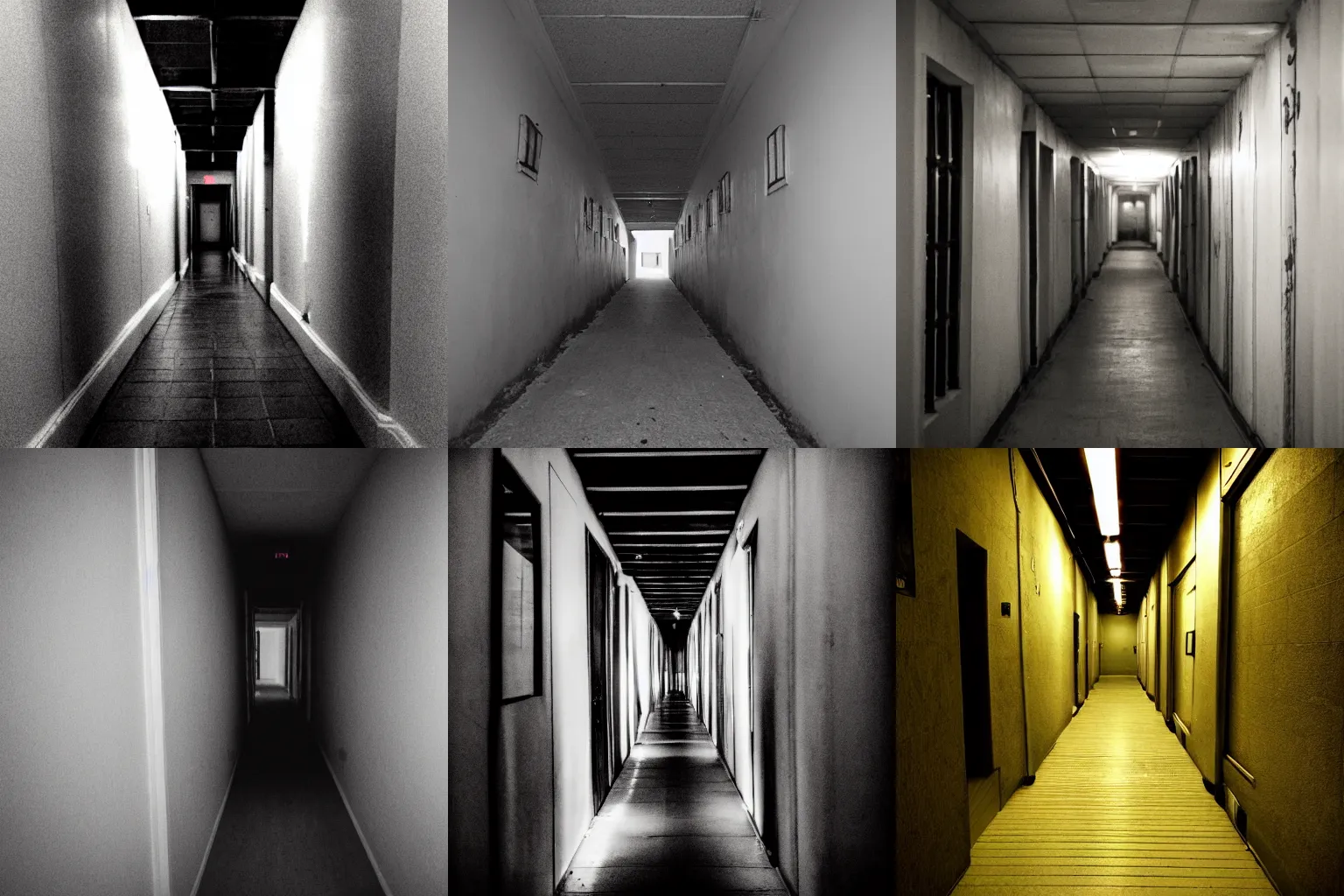 Prompt: A photograph of a long creepy hallway, scary, spooky, low light