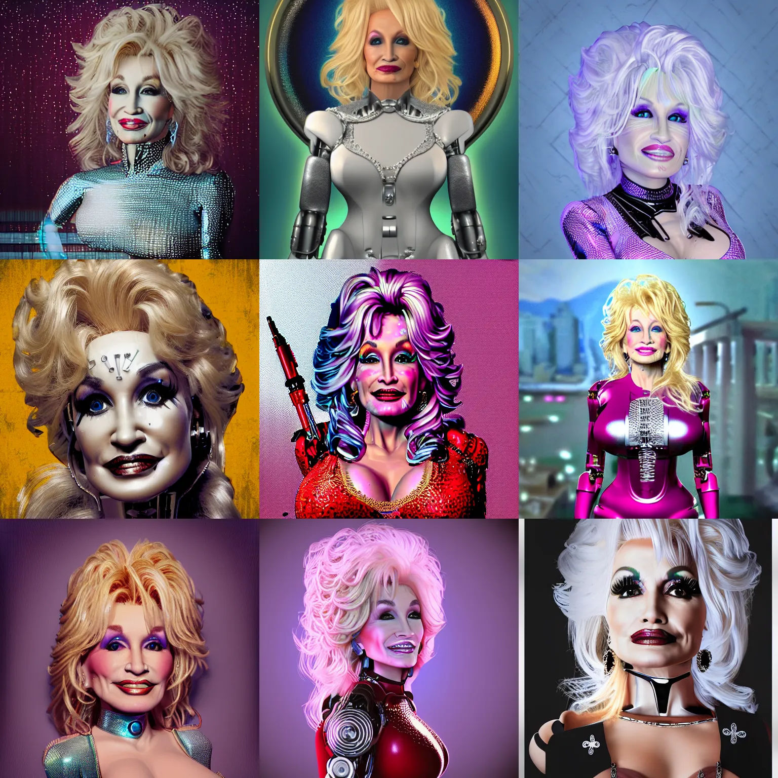 Prompt: cyborg dolly parton, portrait, obscure render aesthetic, gaudy coloulrs, matte painting