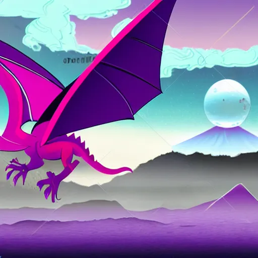 Prompt: a purple dragon fighting a retro spaceship with a volcano in the background