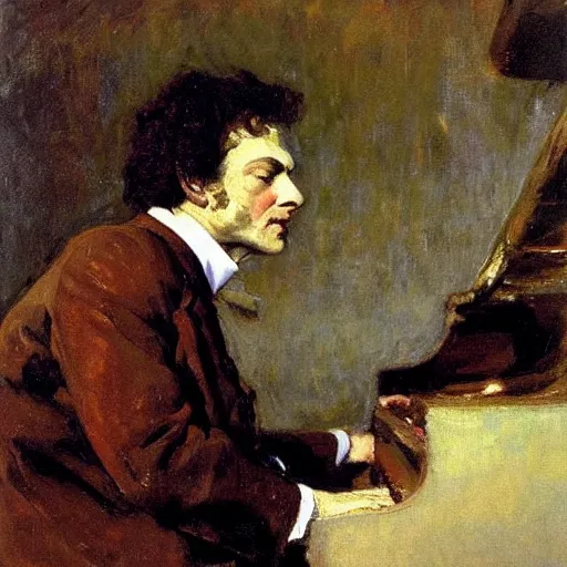 Prompt: portrait of anton rubinstein at the piano, by ilya repin, oil on canvas, 1 8 9 0