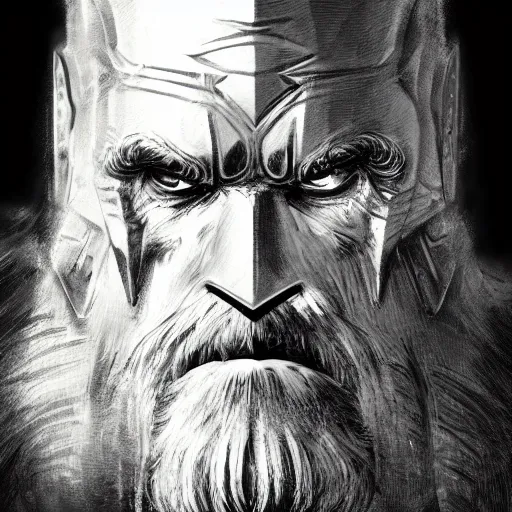 Prompt: illuminated portrait of an old warrior, black armor, greatsword, grey hair, scars, digital illustration, high fantasy, detailed face, frank frazetta, sharp focus