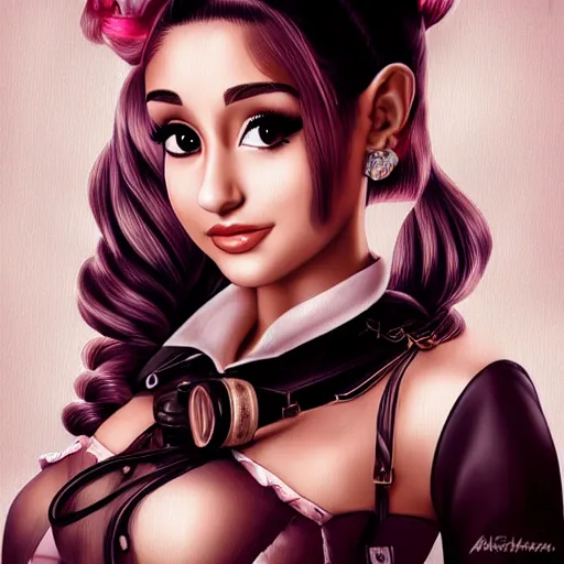 Image similar to portrait of ariana grande, steampunk blouse, vintage shading, by artgerm