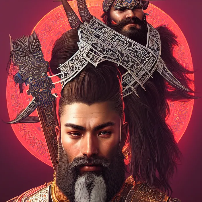 Prompt: symmetry! portrait of a bearded warrior, face decorated with chinese opera motifs, leds horizon zero dawn machine, intricate, elegant, highly detailed, digital painting, artstation, concept art, smooth, sharp focus, illustration, art by artgerm and greg rutkowski and alphonse mucha, 8 k