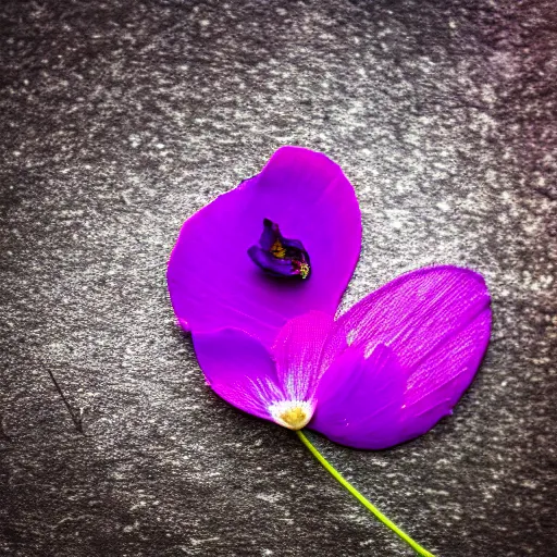 Image similar to closeup photo of 1 lone purple petal flying above a city, city park, aerial view, shallow depth of field, cinematic, 8 0 mm, f 1. 8