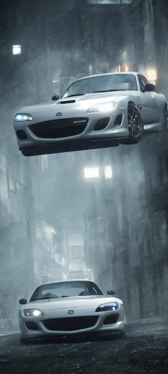 Image similar to a jdm mazda rx - 7 drifting in dunwall, dishonored game, cinematic, dark atmosphere, long exposure, white balance, 8 k, led, lumen global illumination, fog, ray tracing reflections