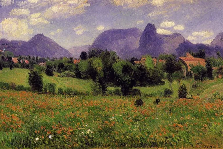 Image similar to a meadow with flowers, mountains in the background, plains, painting by Camille Pissarro