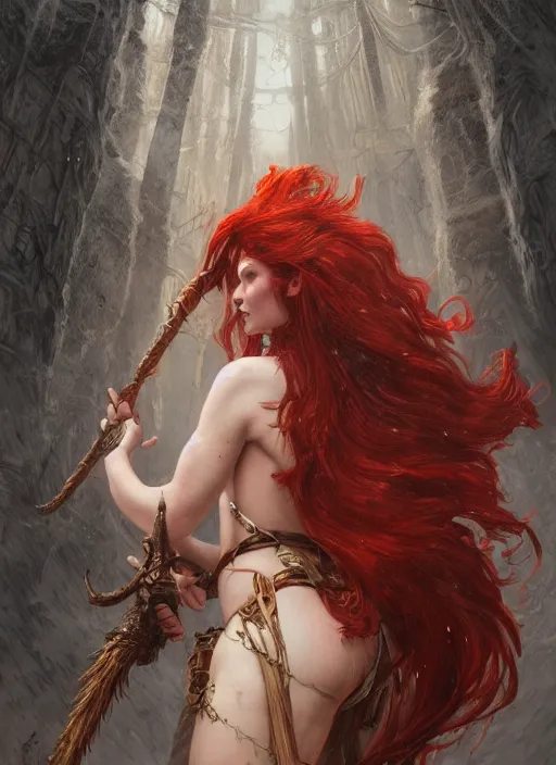 Prompt: A gorgeous Norse Goddess dressed in barbaric fashion with red hair, fantasy, intricate, elegant, highly detailed, D&D, digital painting, artstation, concept art, matte painting, sharp focus, illustration, in the style of Greg Rutkowski and Alphonse Mucha and artemisia gentileschi