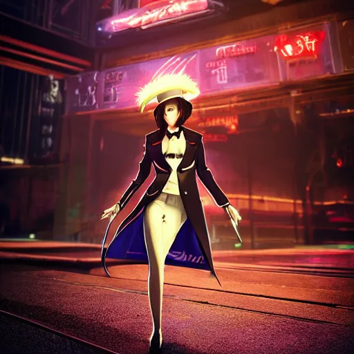 Prompt: beautiful anime woman, pinstripe suit, top hat, cyberpunk background, rendered in octane, unreal engine, raining, highly detailed, trending on artstation, realistic, neon