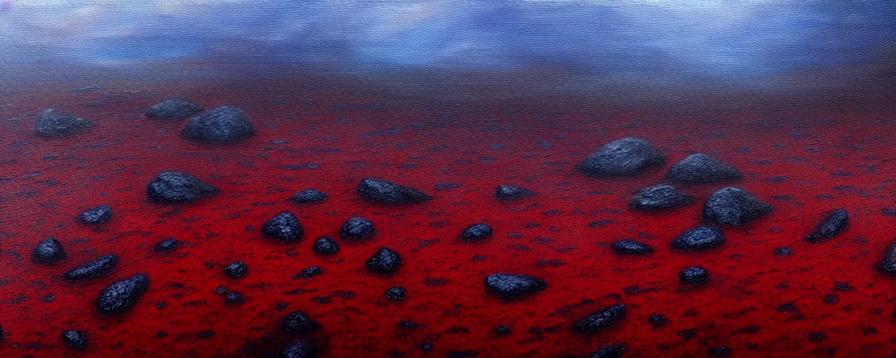 Image similar to A gorgeous detailed oil of a dark red sea covered in big blue steep rocks, the further away the mistier it gets, surreal, concept art, dark aesthetic, atmospheric, moody, hyperrealism, highly detailed, masterpiece, award winning, 4k