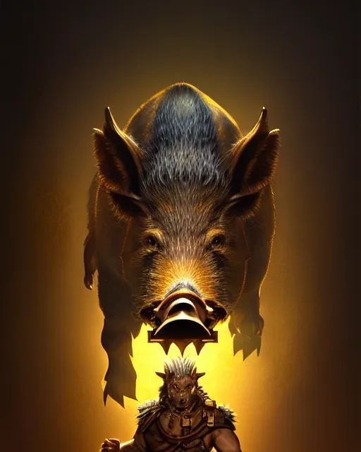 Prompt: Boar Mercenary holding gold bag, medium shot, fear, D&D, artstation, fantasy, magic the gathering artwork, cinematic lighting, centered, symmetrical, highly detailed, digital painting, , concept art, smooth, sharp focus, illustration, volumetric lighting, epic Composition, 8k, art by Akihiko Yoshida and Greg Rutkowski and Craig Mullins, oil painting, cgsociety