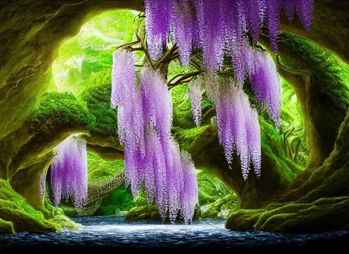 Image similar to long shot of a tiny wisteria tree on an island in a river in an underground cave. fantasy magic style. highly detailed 8 k. intricate. lifelike. epic. movie poster. soft light. sony a 7 r iv 5 5 mm. cinematic post - processing