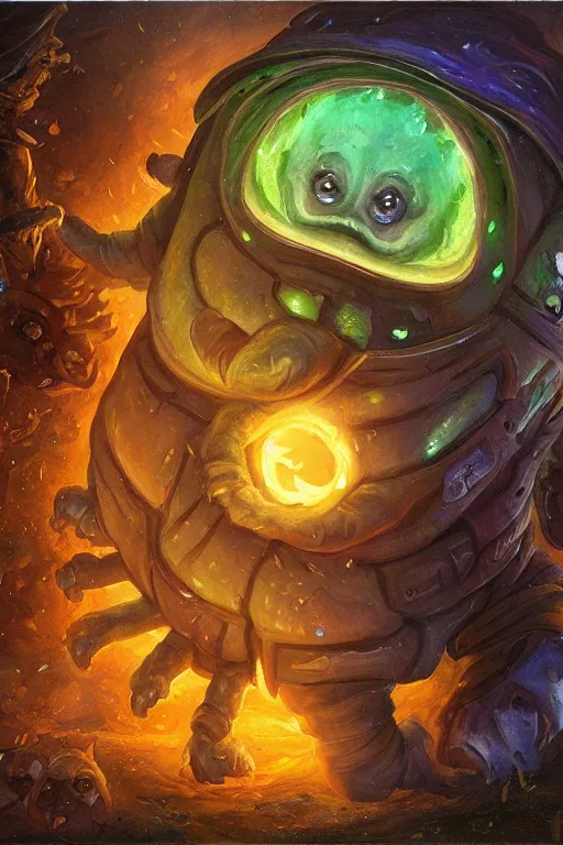 Image similar to 2 d glowing tardigarde, cute tardigrade, blizzard warcraft artwork, hearthstone card artwork oil painting by jan van eyck, northern renaissance art, oil on canvas, wet - on - wet technique, realistic, expressive emotions, intricate textures, illusionistic detail