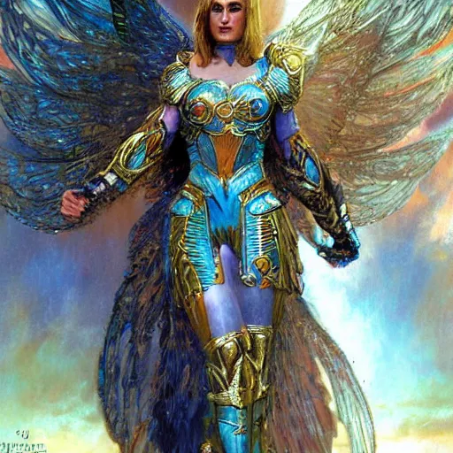 Image similar to katie perry as a trans futuristic asguardian superheroine in intricate dark seraphim warrior armor. her seraphim wings glow energy, art by gaston bussiere, craig mullins, simon bisley