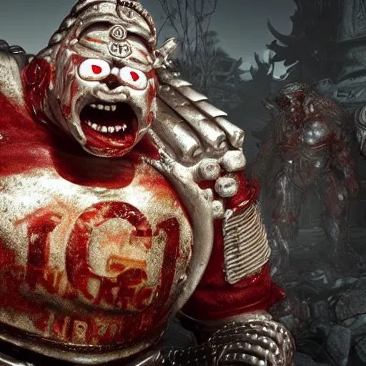 Image similar to burger king kurger bing creepy king mascot in gears of war, cinematic shot