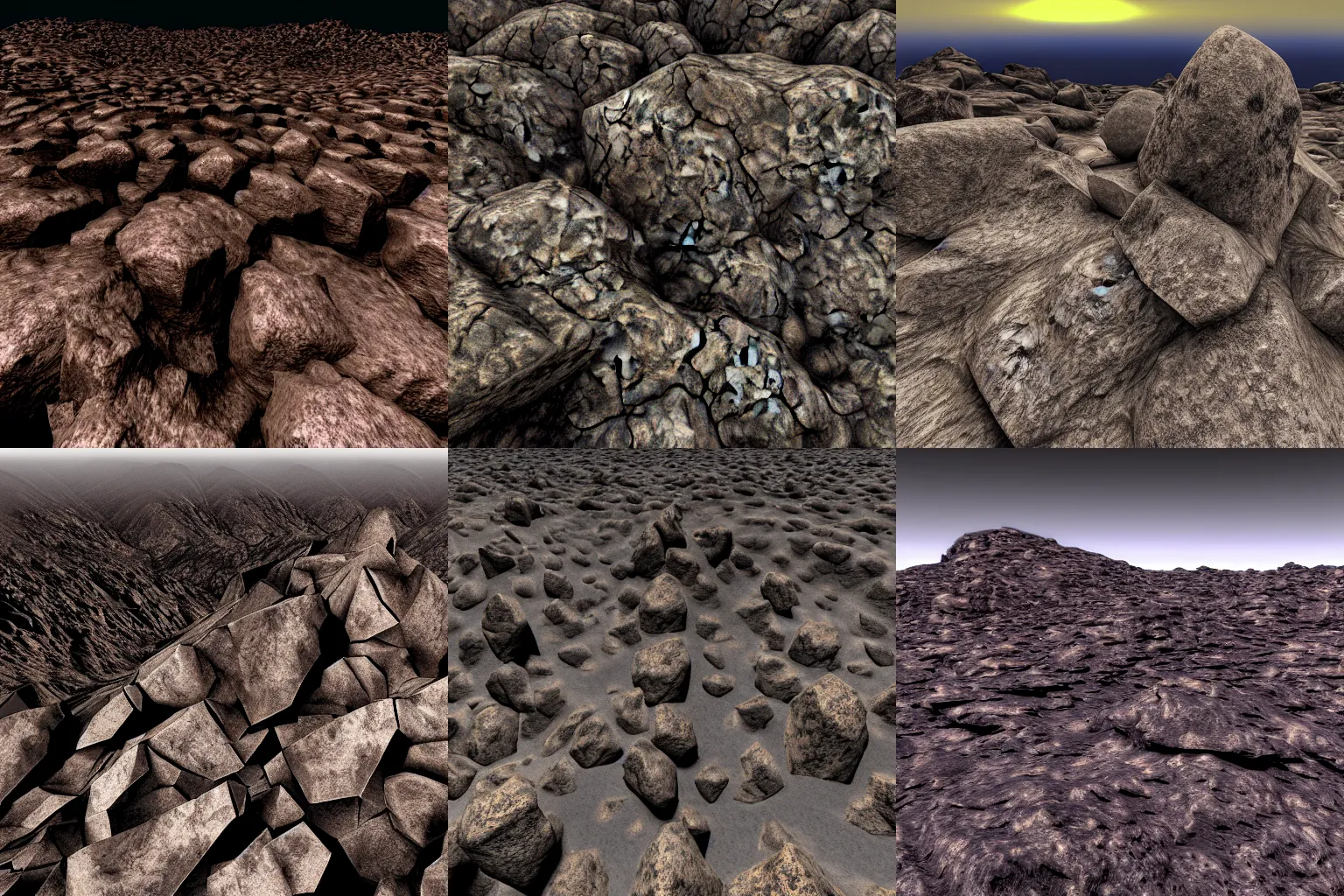 Prompt: photo of dark rocky terrain above high desert, broken rocky outcroppings, in the style of quixel megascans