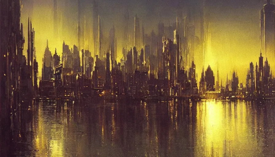 Image similar to city of golden shadows, intricate detailed painting, cityscape, john harris, reflective lighting