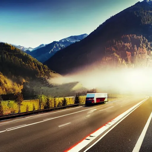 Image similar to very creative livery on big commercial bus on misty highway scene, the sun shining through the moutains