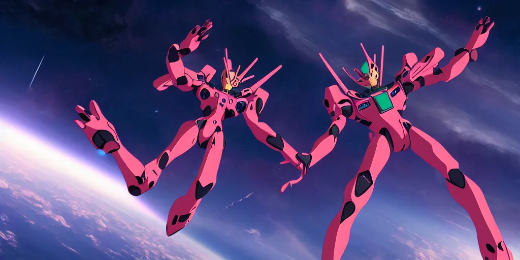 Image similar to two eva 0 0 from neon genesis evangelion, fighting and floating in space, 8 k, highly detailed