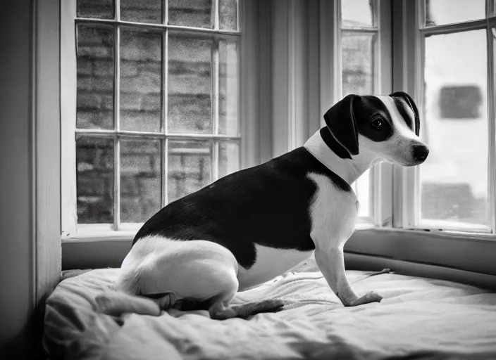 Image similar to photography of a Jack Russel . watching outside the window. on a bed. in a 70's room full of vinyls and posters, photorealistic, award winning photo, 100mm, sharp, high res