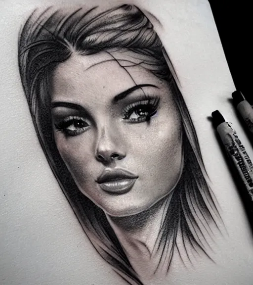 Image similar to tattoo design sketch of a beautiful girl portrait in front of a faded mountain background, in the style of den yakovlev, black and white, realism tattoo, hyper realistic, highly detailed