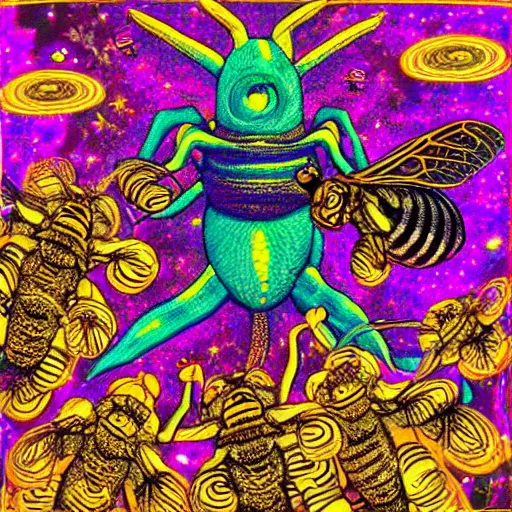 Image similar to couch flying through space with honey bees psychedelic trippy eldritch horror