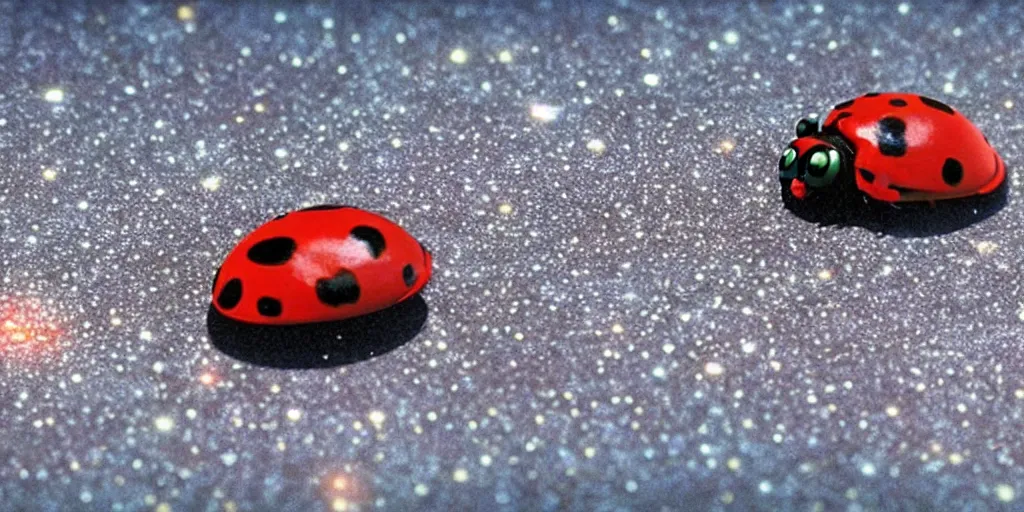 Prompt: a 3 d rendered movie still from a distance of 3 0 m of a ladybug 1 million years from now. the ladybug is sentient, wears tiny spacesuit, and travels the stars in a super trippy space ship. science fiction blockbuster movie ladybugs rule the world, imax 7 0 mm. bladerunner.