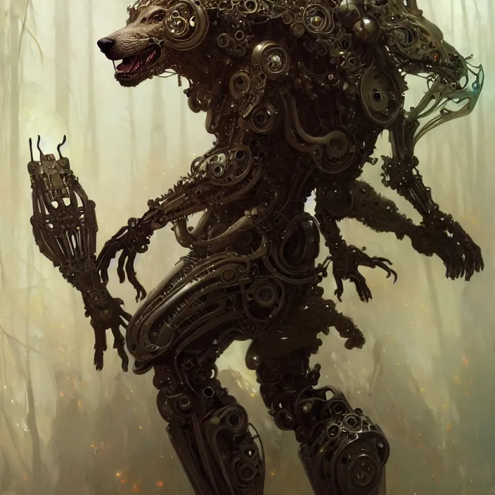 Image similar to organic cyborg, anthropomorphic wolf, diffuse lighting, fantasy, intricate, elegant, highly detailed, lifelike, photorealistic, digital painting, artstation, illustration, concept art, smooth, sharp focus, art by John Collier and Albert Aublet and Krenz Cushart and Artem Demura and Alphonse Mucha