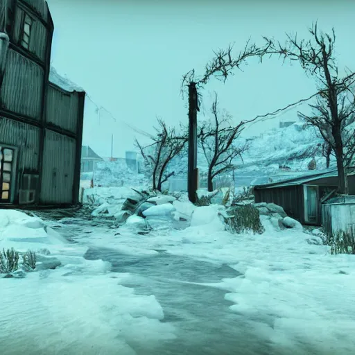 Image similar to iceland, winter in ruins post - nuclear war in fallout 4, in game screenshot