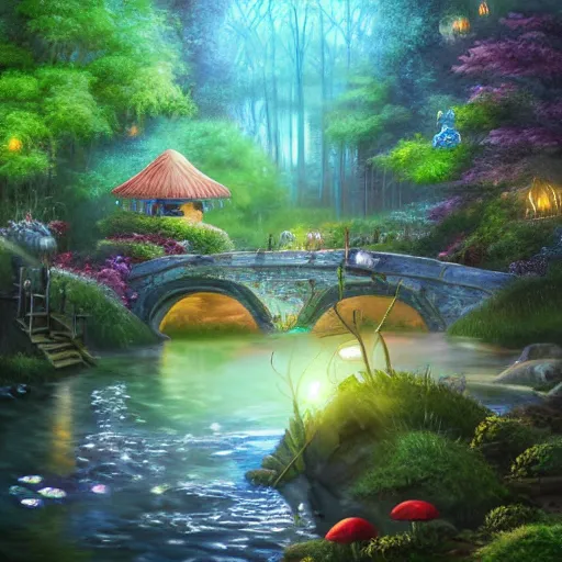 Image similar to painting, high detail, woodland village, night, fantasy, crescent moon, stone paths, bridge, water stream, luminous, toadstools, fireflies, fantasy,, flowers, lanterns, mist, highly detailed painting, fine lines, 8 k realistic, sharp focus