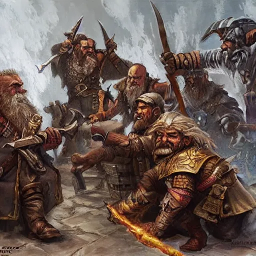 Prompt: DnD dwarves in gladitorial duel. Epic painting by james gurney.