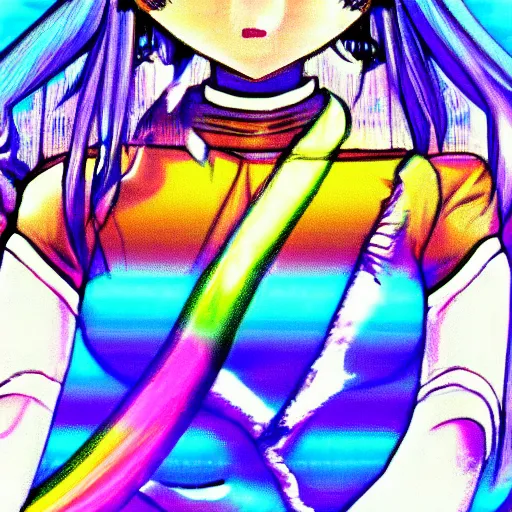 Image similar to CRT rainbowcore anime girl, saturation 100% full saturation, bitcrushed AI enhanced image, PS1 early computer graphics, maximalist maximalism video game UI